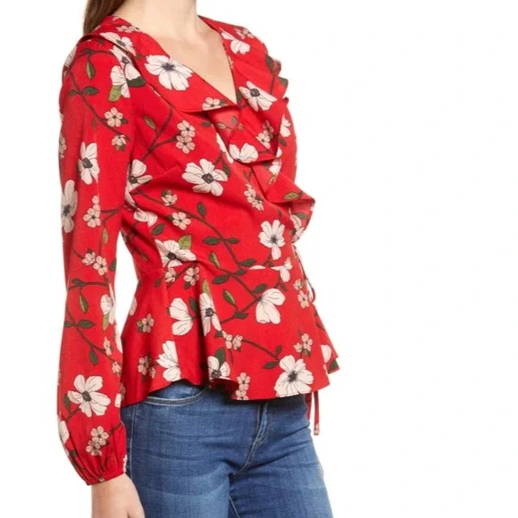 LYDELLE for NORDSTROM Women's Red/White Floral Surplice Ruffle Wrap Blouse sz S - Picture 5 of 8